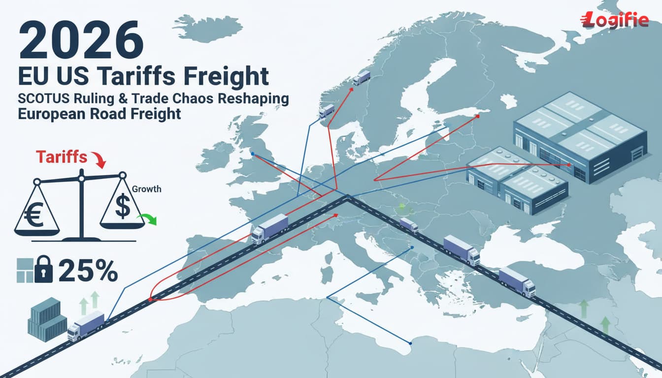 EU US Tariffs Freight 2026: How the SCOTUS Ruling and Trade War Chaos Are Reshaping European Road Freight. Editorial European freight hero image with a logistics operations setting and strong finance cues.