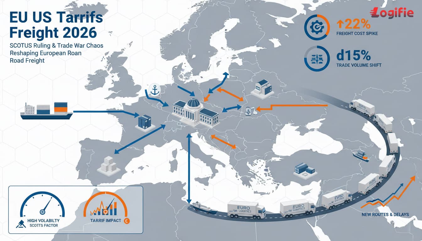 EU US Tariffs Freight 2026: How the SCOTUS Ruling and Trade War Chaos Are Reshaping European Road Freight. Editorial logistics visual in Europe with operational dashboards, freight vehicles, and a finance context.