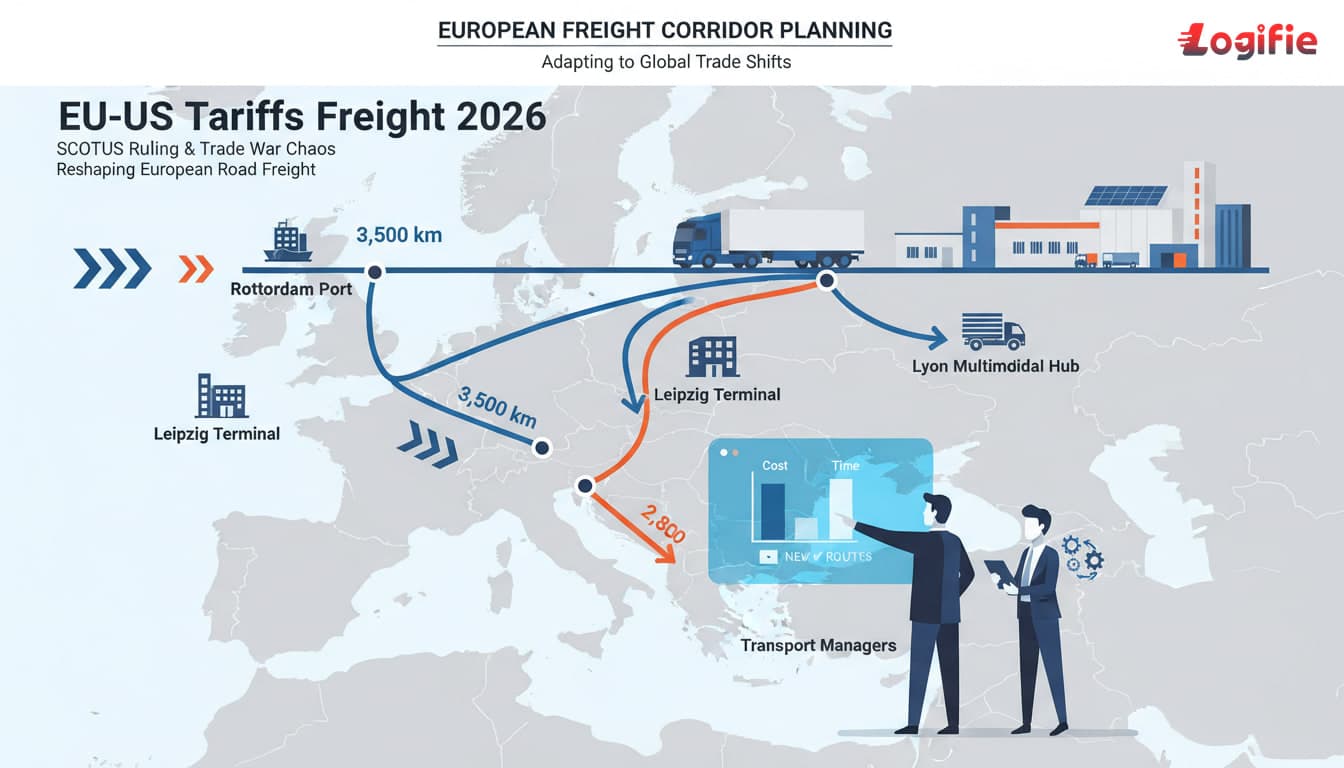 European freight corridor planning scene for eu us tariffs freight 2026: how the scotus ruling and trade war chaos are reshaping european road freight, showing route decisions, terminals, and transport managers at work.