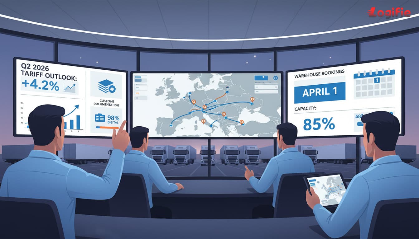Photorealistic editorial scene inside a European freight control tower on the eve of April 1, 2026, with dispatch managers studying tariff dashboards, customs paperwork, warehouse booking screens, and truck route maps for Germany, Belgium, France, Spain, and the Netherlands, loaded trailers waiting outside an inland logistics hub, tense but professional atmosphere, financial-news visual style, no Russia or Belarus on any map.