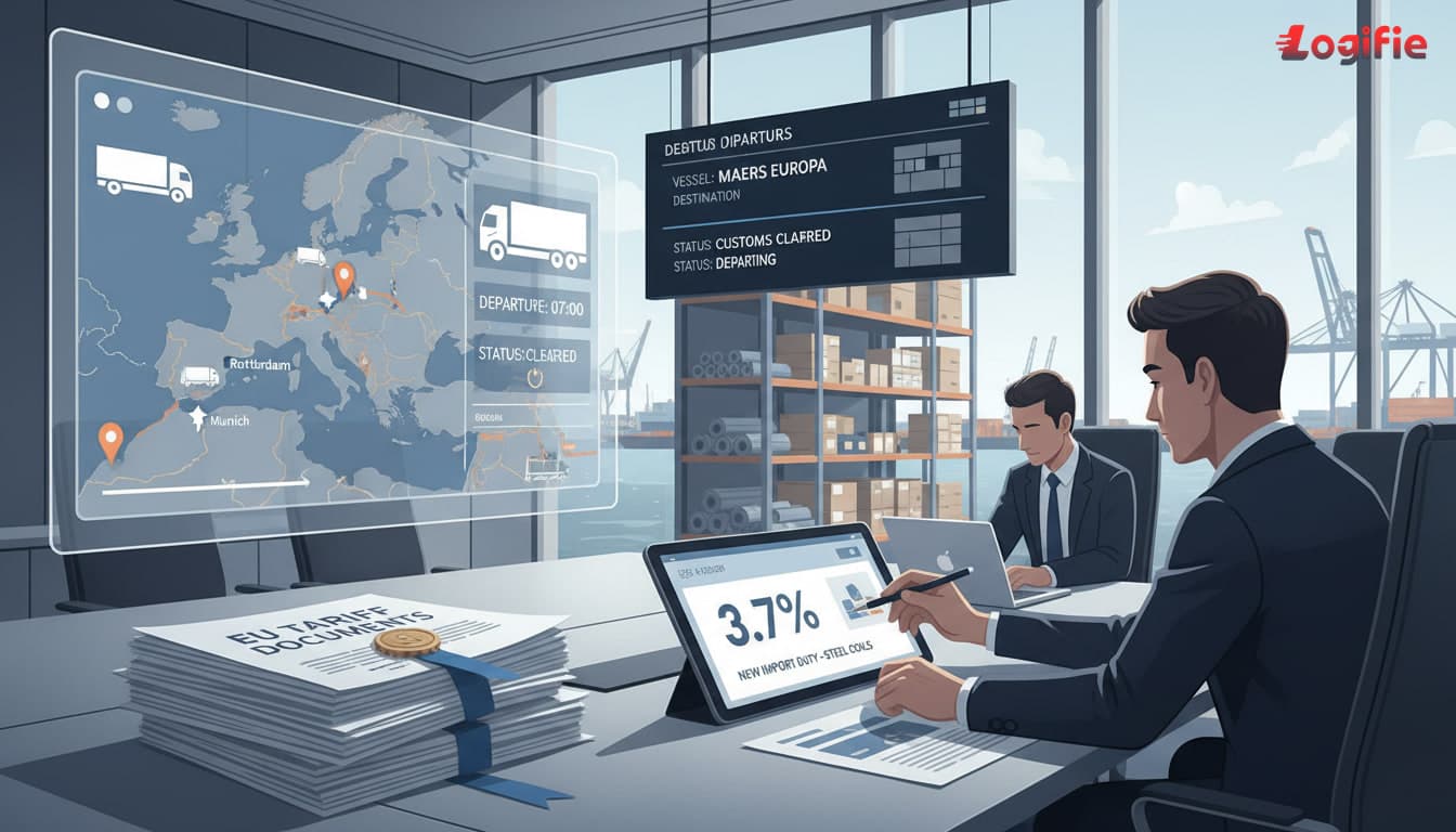 Photorealistic European logistics and policy scene showing tariff documents on a conference table in Brussels, freight planners reviewing customs entries, truck dispatch screens, port departure boards, steel coils and consumer goods in the background, editorial magazine lighting, high-detail road freight atmosphere, urgent but controlled mood, no Russia or Belarus on any displayed map or corridor view.