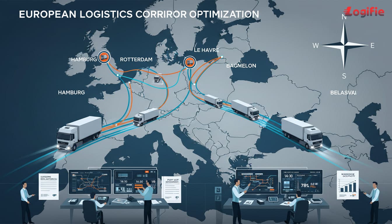 Photorealistic European corridor planning scene with heavy trucks moving toward Hamburg, Rotterdam, Le Havre, and Barcelona, dispatch teams comparing route boards, customs forms, port slot schedules, and warehouse occupancy charts, editorial logistics realism, dynamic road movement, clear Western and Central European geography only, no Russia or Belarus anywhere in the composition.
