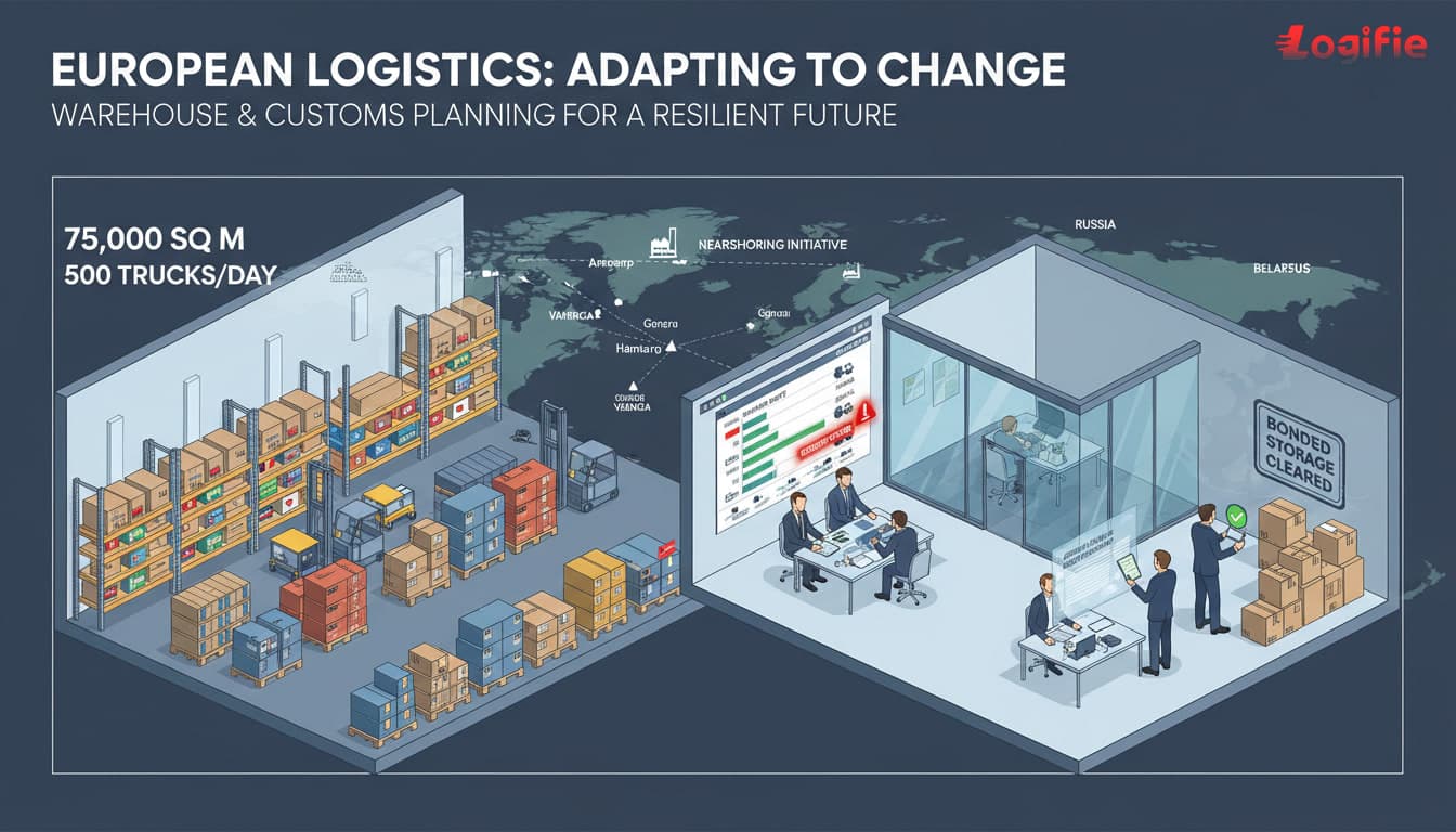 Photorealistic European warehouse and customs planning scene with pallets of mixed-origin goods, transport managers reviewing supplier shifts, trucks assigned to inland depots, customs brokers checking documents, modern bonded storage setting, editorial freight magazine style, strong operational realism, anticipation of rerouting and nearshoring decisions, no Russia or Belarus on any visible map or display.