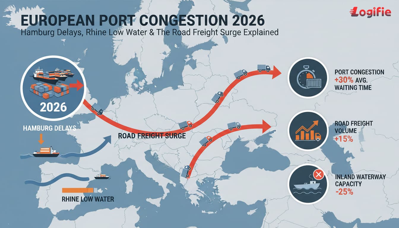European Port Congestion 2026: Hamburg Delays, Rhine Low Water and the Road Freight Surge Explained. Editorial European logistics visual focused on the main market shock, corridor disruption, and European freight response, with freight infrastructure, transport assets, and an analytical news-magazine look.