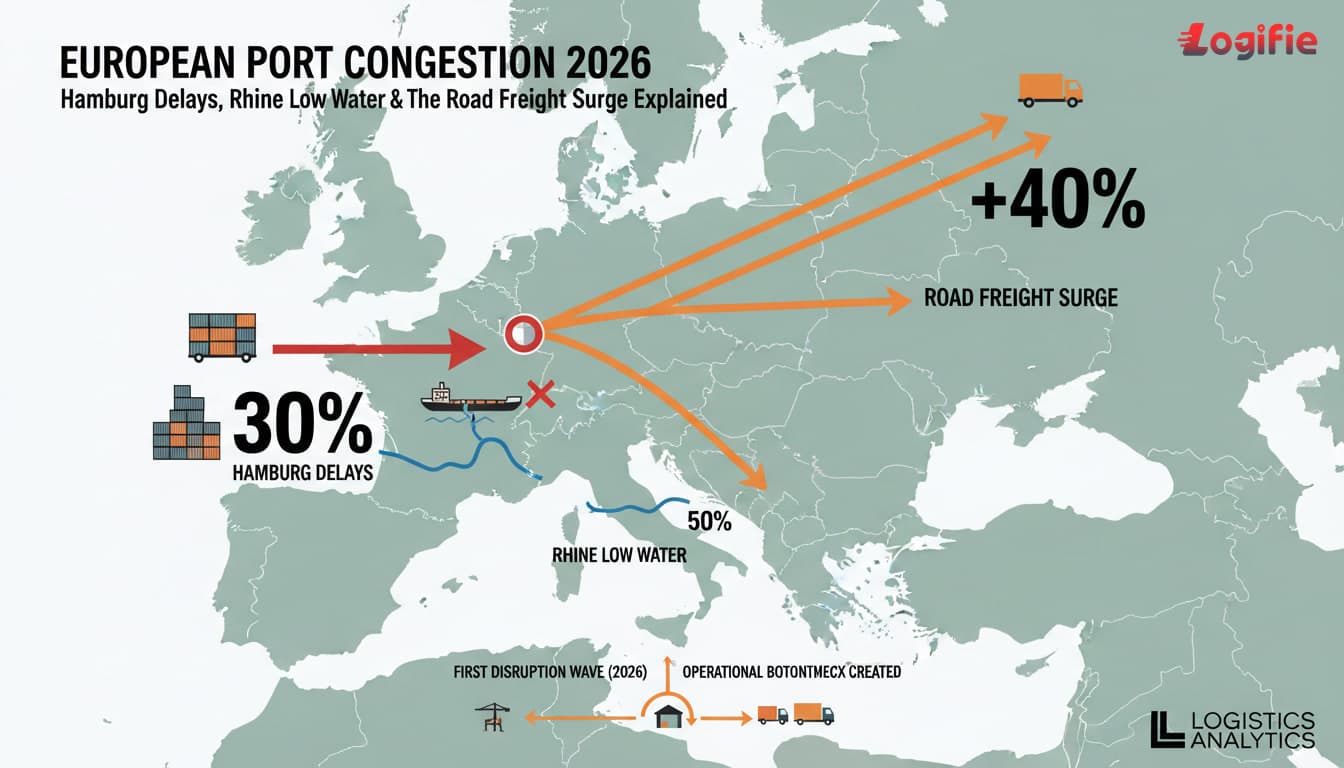 European Port Congestion 2026: Hamburg Delays, Rhine Low Water and the Road Freight Surge Explained. Editorial European logistics visual focused on the first disruption wave and the operational bottleneck it created, with freight infrastructure, transport assets, and an analytical news-magazine look.