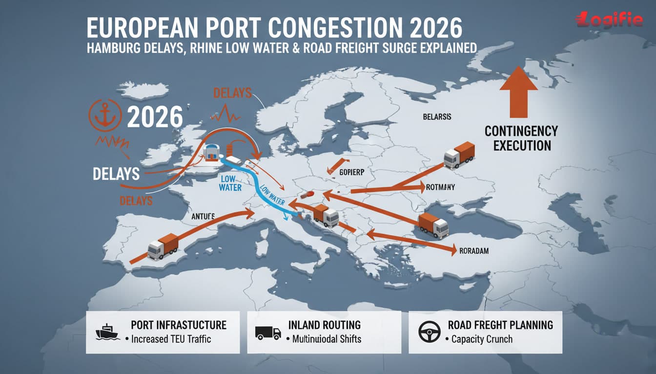 European Port Congestion 2026: Hamburg Delays, Rhine Low Water and the Road Freight Surge Explained. Editorial European logistics visual focused on European corridor planning, inland routing, and road freight contingency execution, with freight infrastructure, transport assets, and an analytical news-magazine look.