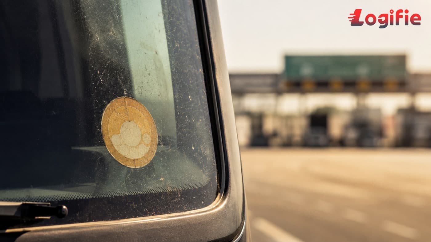 Illustrazione editoriale di un'autostrada francese sotto una nebbia ocra di ozono al tramonto, con la sagoma solitaria di un camion articolato diretto a sud che supera un cartello di deviazione