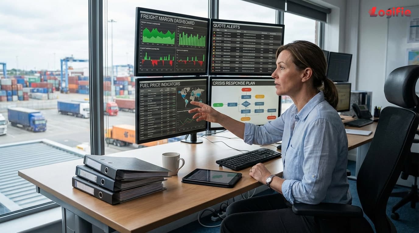 Logistics manager protecting freight margins with cost dashboards, quote alerts and fuel indicators.