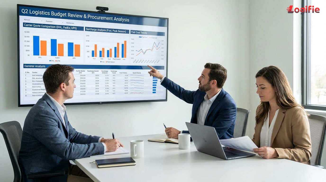 Procurement and transport-budget review scene with carrier quotes and surcharge comparison screens.