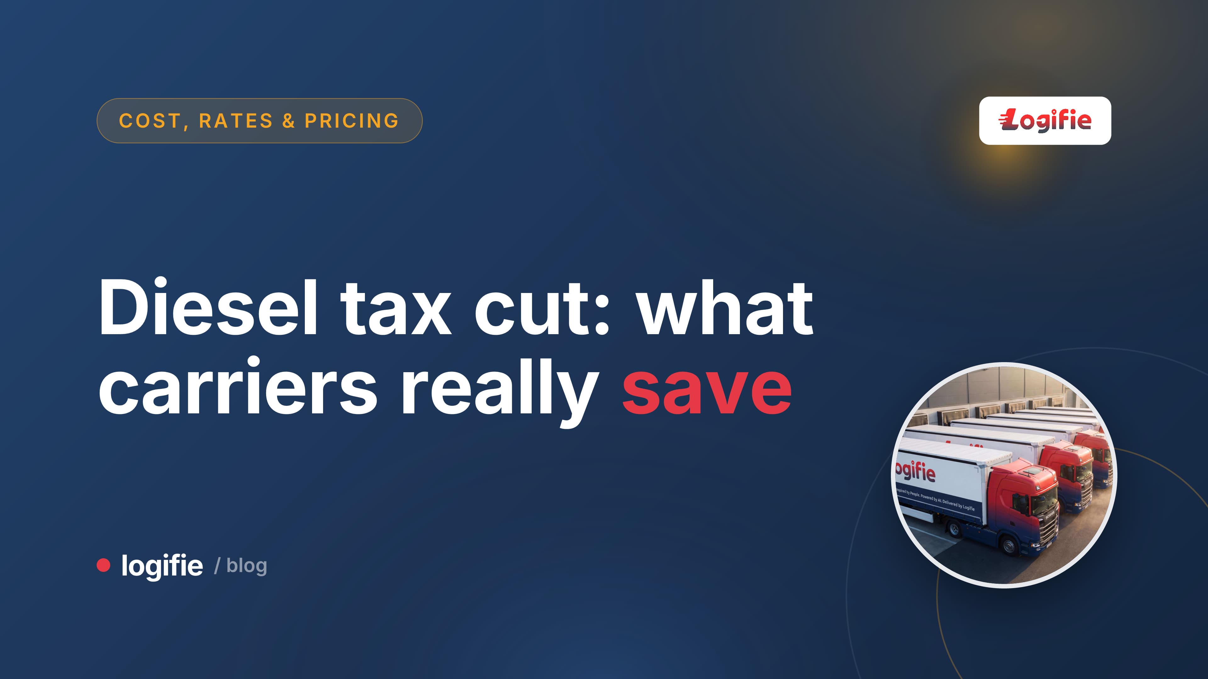 Editorial illustration of a curtainsider truck at a German motorway fuel station with a falling price arrow above the pump, representing Germany's October 2026 diesel tax cut