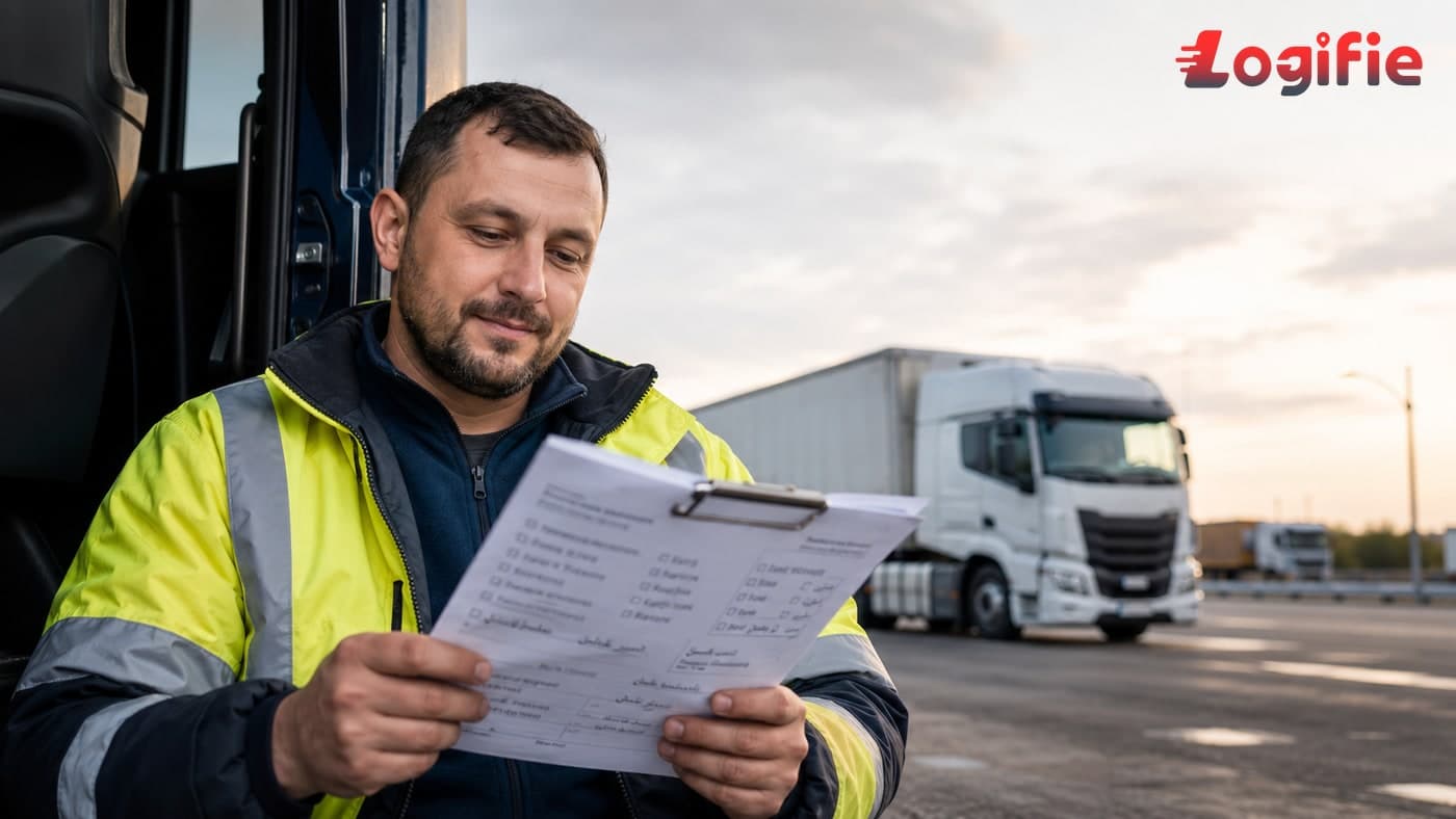 Autista di veicolo pesante che controlla documenti presso un deposito logistico in Germania