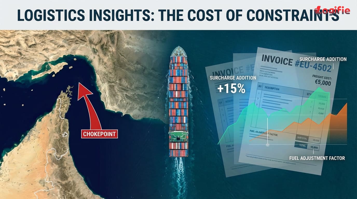 Shipping chokepoint editorial image linking Gulf vessel disruption to invoice and surcharge overlays for freight buyers.