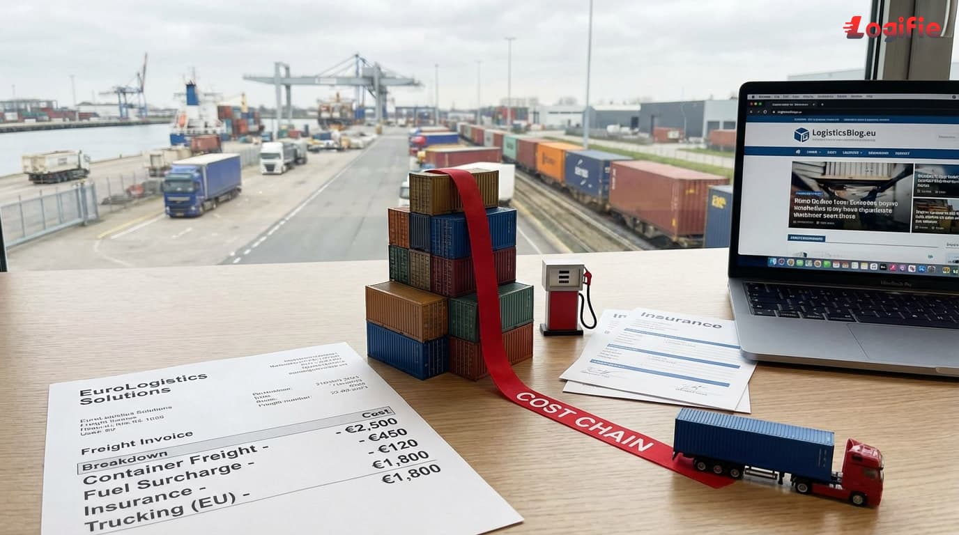 Freight cost-stack scene linking containers, fuel, insurance and trucking charges on a European invoice.