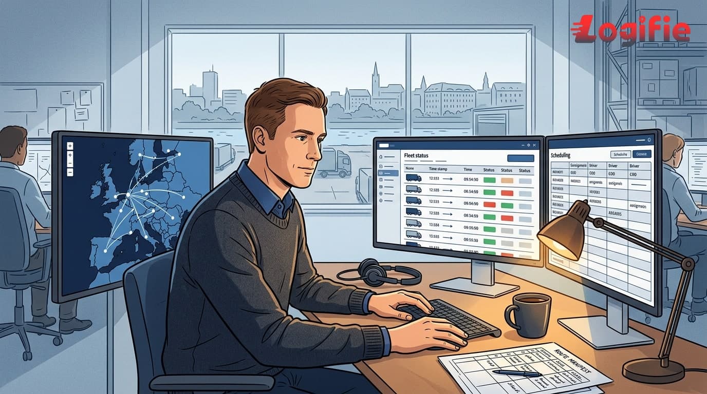 European freight dispatcher and transport planner at a logistics hub workstation with monitors showing route maps and fleet status, calm and focused