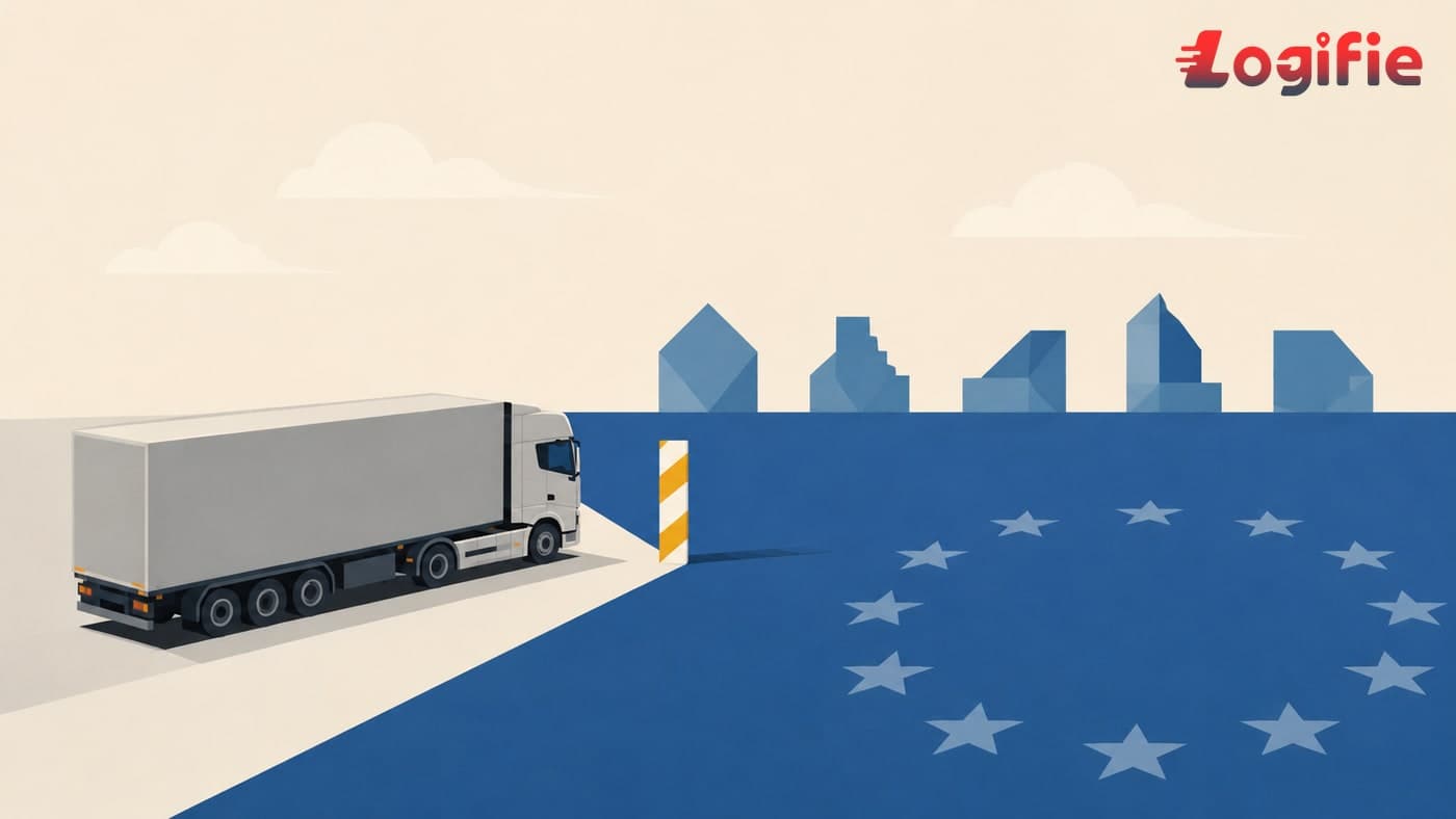 Redaktionelle Illustration: ein stilisierter LKW überquert eine in EU-Blau getönte Region, am Horizont fünf geometrische Länderformen als Hinweis auf einen Mehrstaaten-Zollkorridor