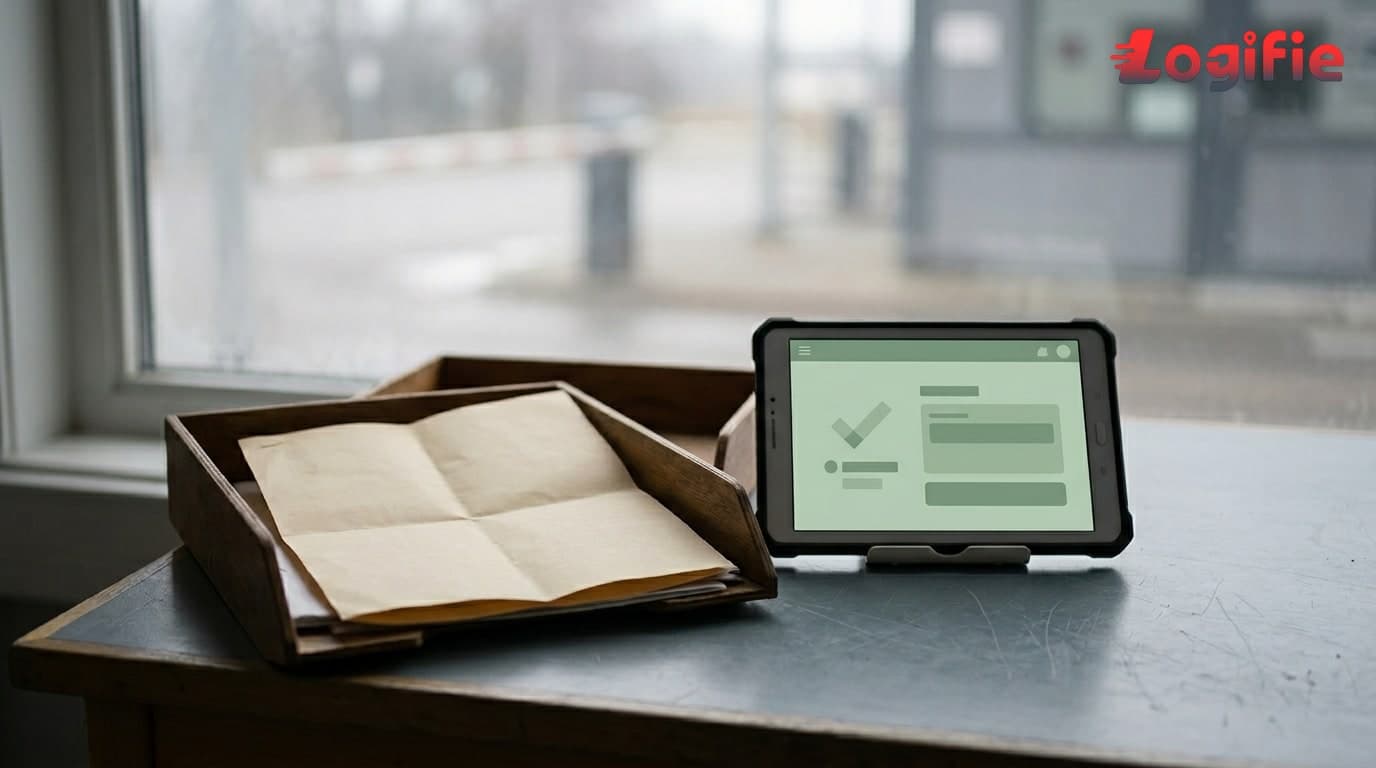Freight truck at an EU land border crossing with a digital customs pre-arrival data overlay