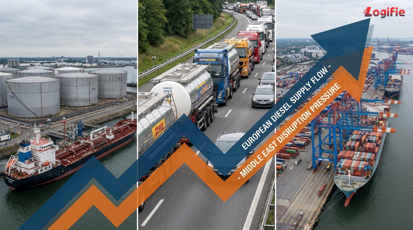 European diesel supply chain visual with storage tanks, trucks and import-flow pressure across Europe.