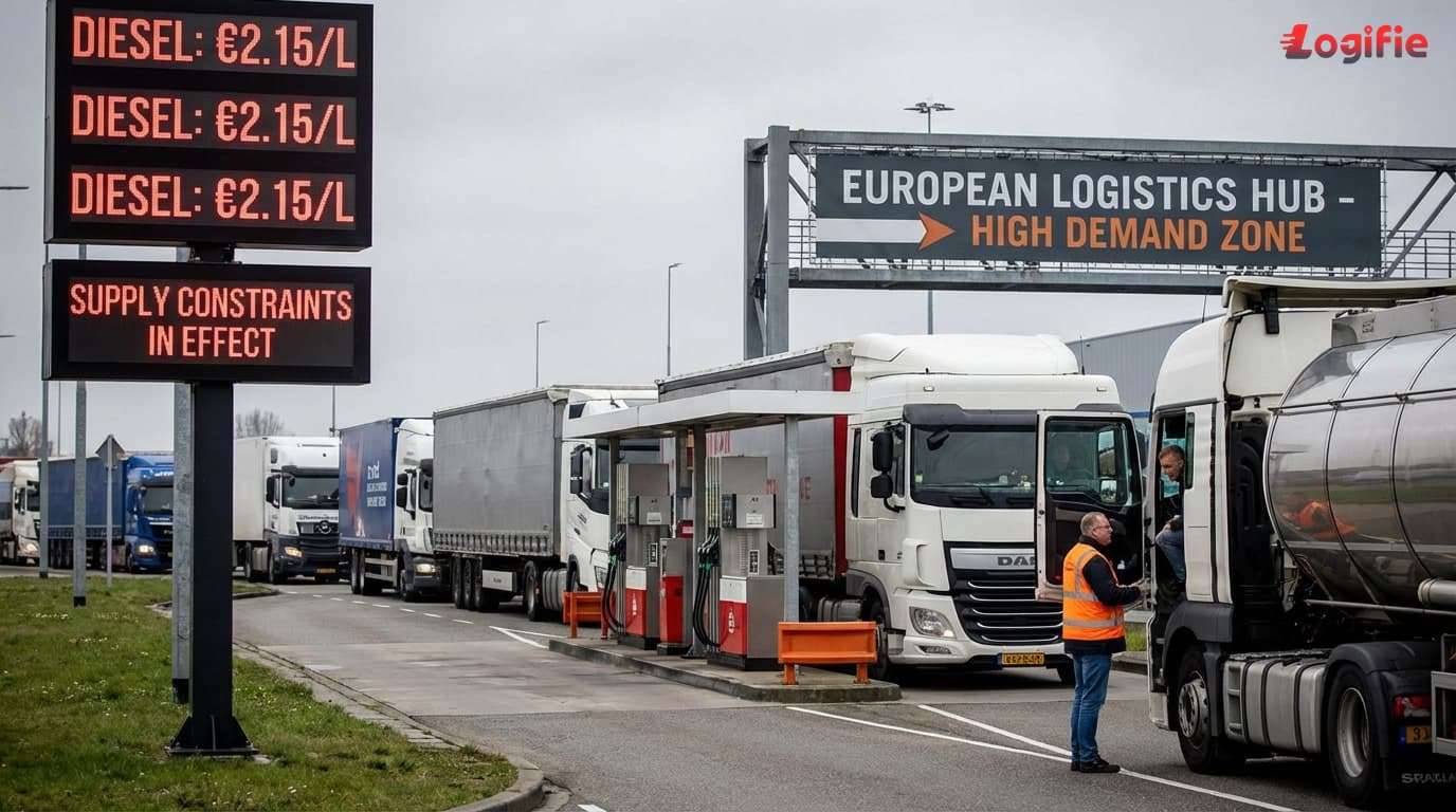 Diesel terminal and truck-fuelling logistics scene showing supply tightness in Europe.