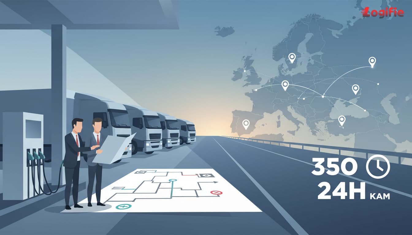 A dawn scene at a European motorway fuel station with long-haul trucks refuelling while dispatch managers review paper route sheets beside the pumps, realistic editorial photography, natural cold light, no text or screens.