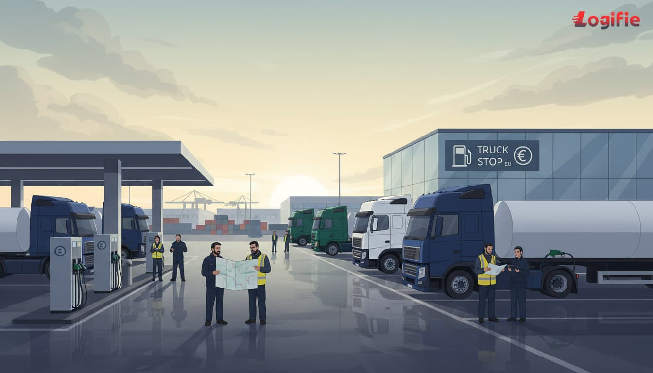 A European truck stop at first light with several articulated lorries refuelling in parallel, drivers and dispatch staff checking printed route notes, tense but realistic logistics atmosphere, documentary photography, no text or digital overlays.