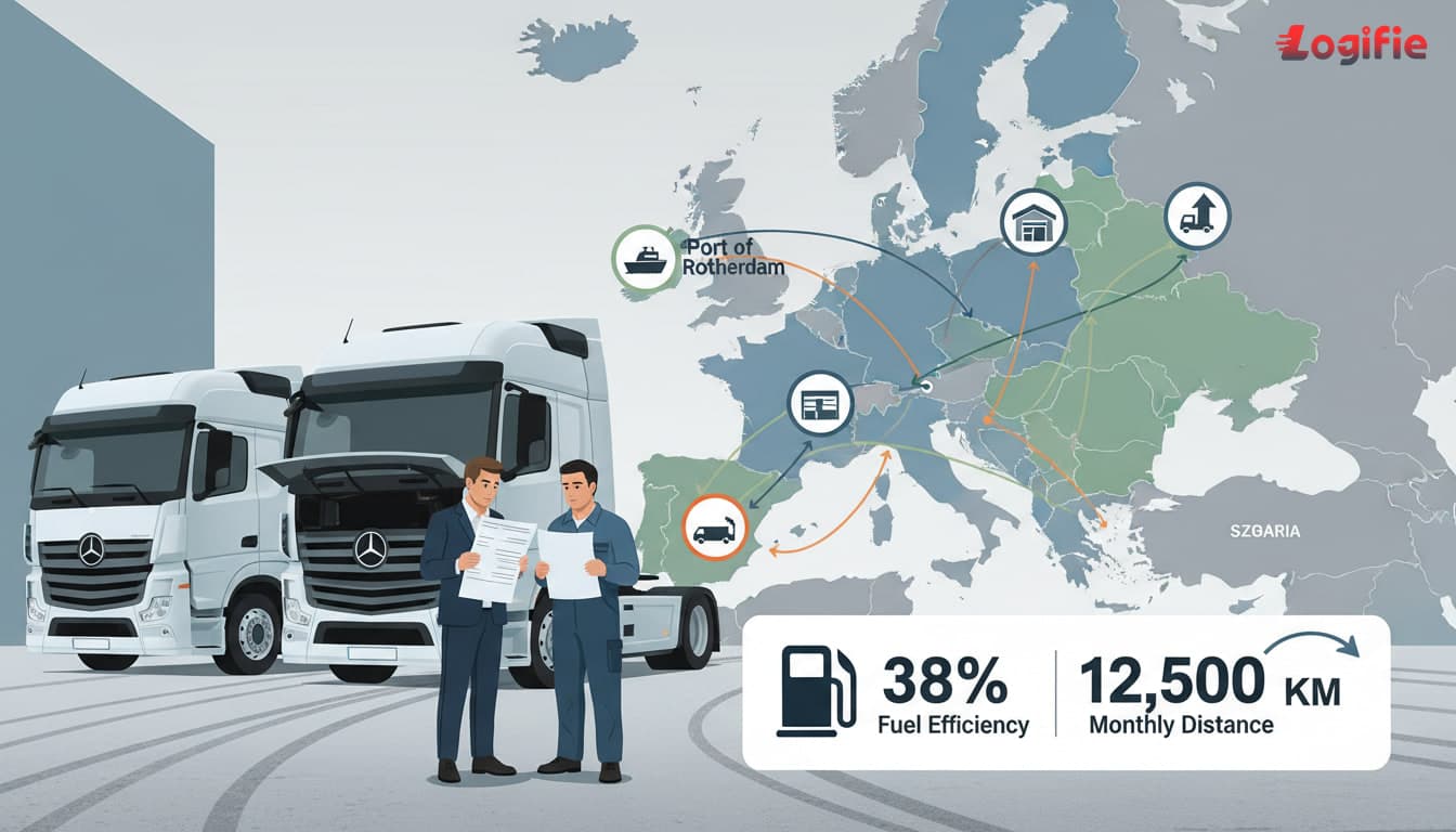 A fleet manager and driver reviewing printed fuel receipts and route paperwork beside parked Euro VI tractor units in a European depot yard under grey skies, realistic documentary photography, no screens or text.