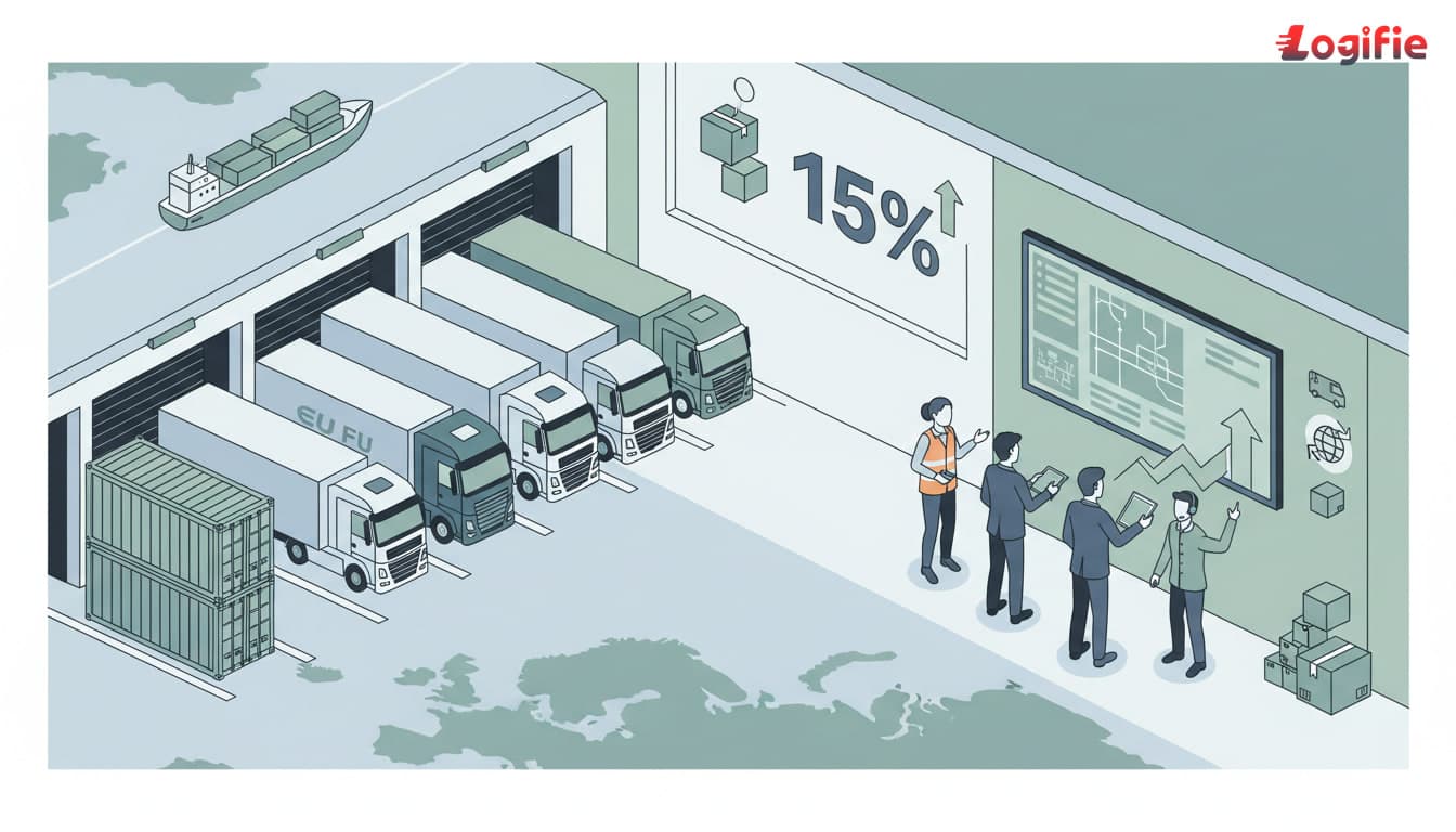 Dispatchers, carrier planners, and warehouse staff discussing updated freight costs at a busy European loading dock with trucks queued for departure, natural daylight, photorealistic editorial scene, no screens or text.