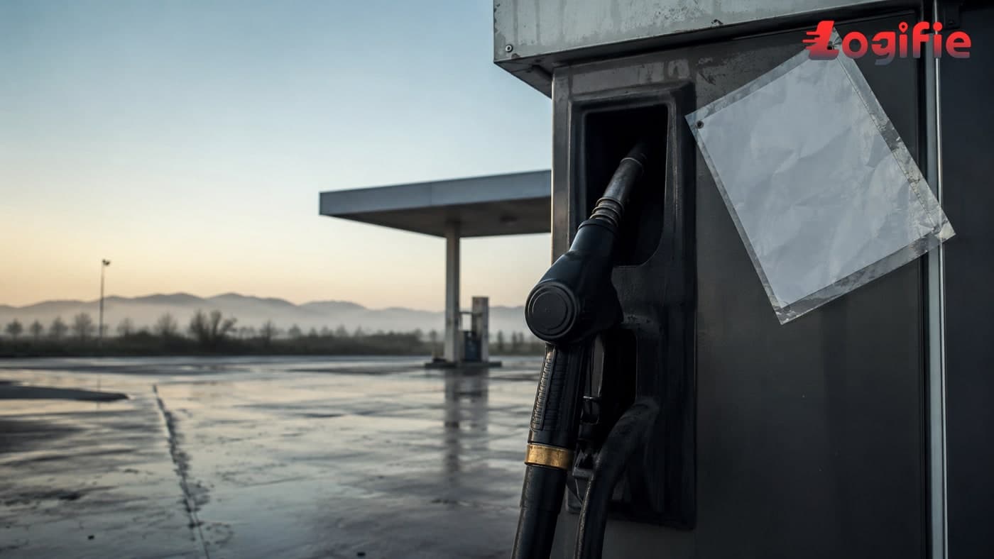 Editorial illustration of a diesel pump nozzle resting back in its cradle at an empty Italian autostrada service station at first light during the UNATRAS truck strike window of 25 to 29 May 2026.