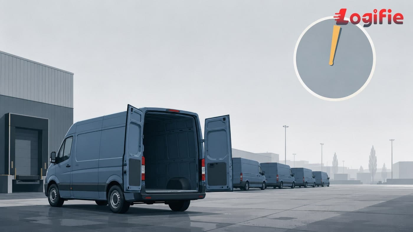 Redaktionelle Illustration eines 3,5-Tonnen-Transporters, der eine EU-Grenzlinie überquert, mit einer Kalenderseite und einem stilisierten Smart-Tachographen-Zifferblatt, das die EU-Mobilitätspaket-Frist vom 1. Juli 2026 signalisiert