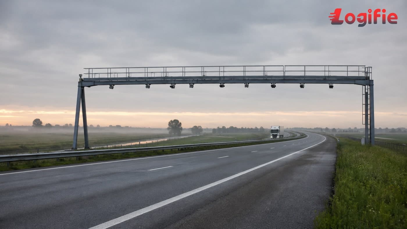 Documentary photograph of a Dutch motorway overhead enforcement gantry at first light before the 1 July 2026 truck toll launch.