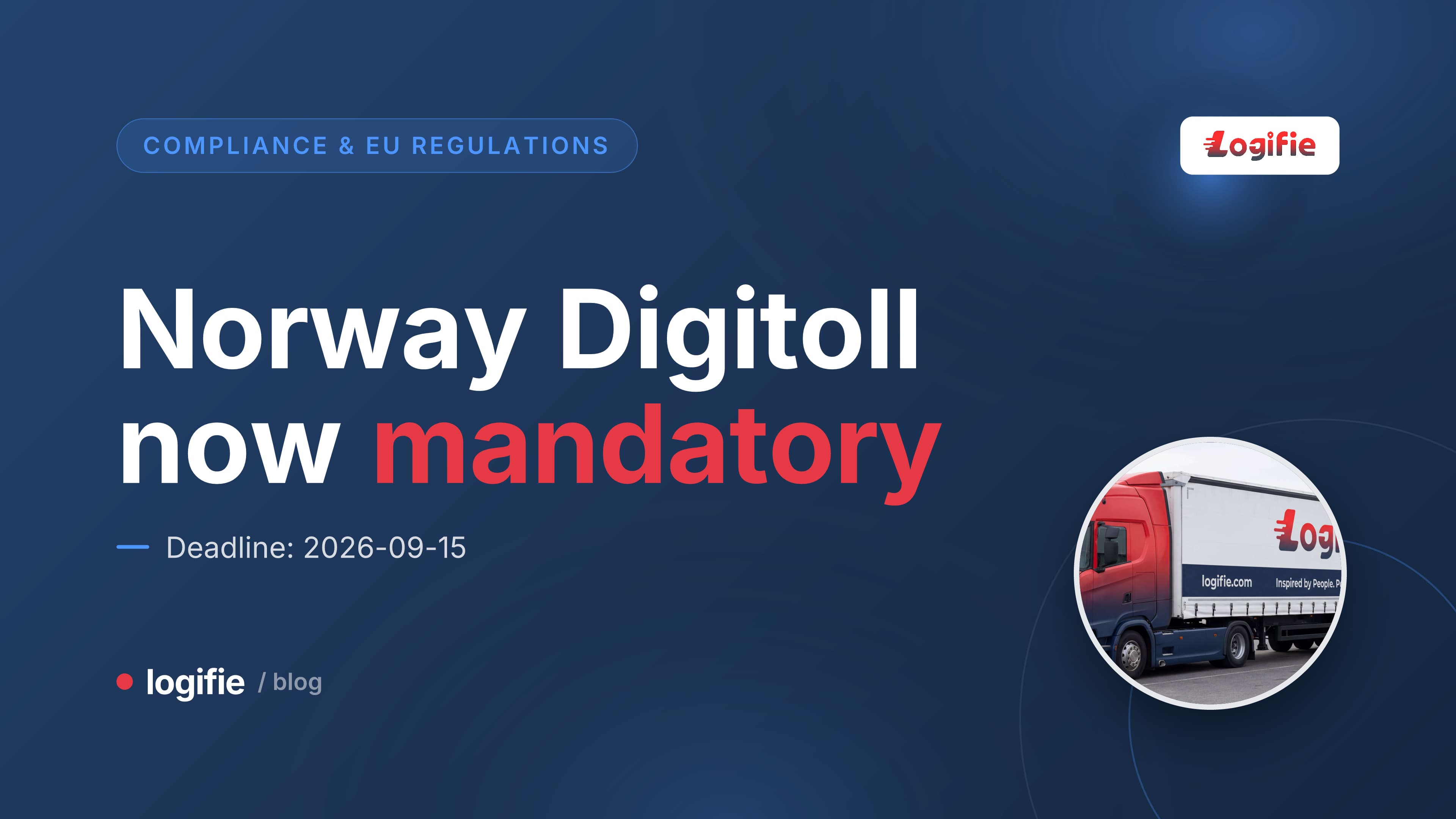 Editorial illustration of a lorry at a Nordic border as digital data symbols stream ahead, symbolizing Norway's mandatory Digitoll filing.