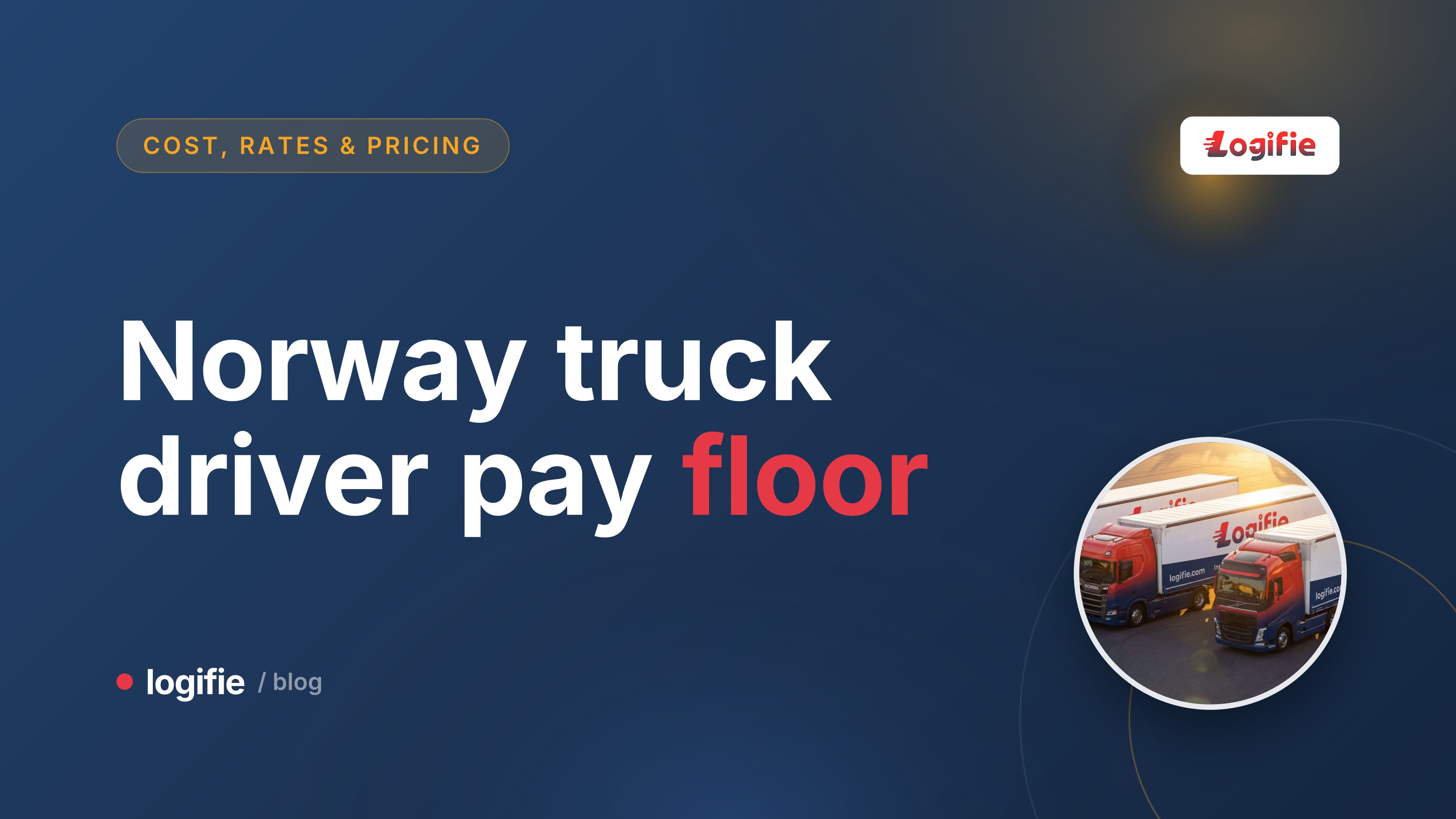 Editorial illustration of a stylised European truck on a Norwegian fjord road, with a simple payslip and clock motif beside it.