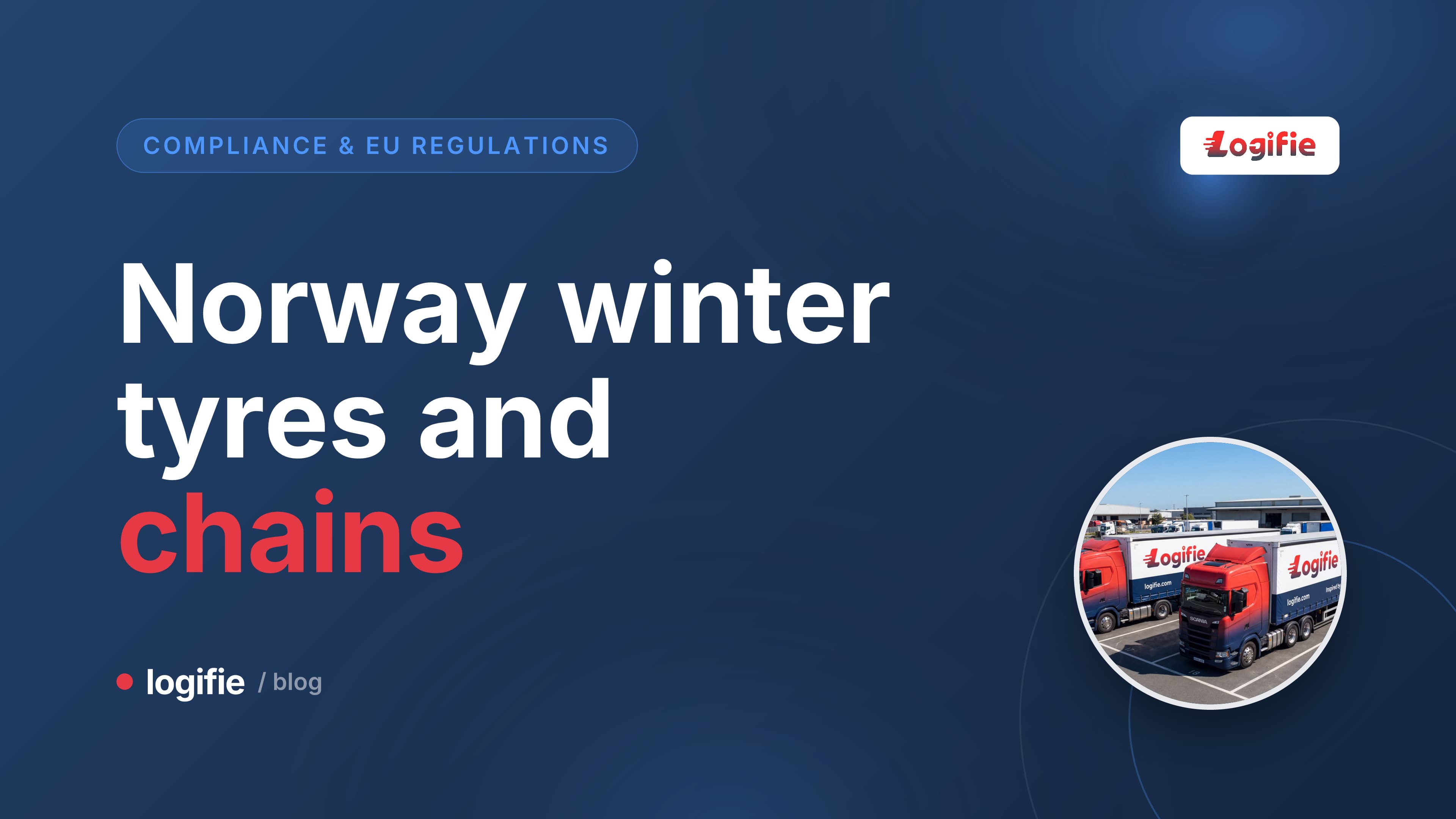 Editorial illustration of a European truck and trailer on a snow-lined Norwegian mountain road with snow chains fitted on the drive wheels and a tread depth gauge in the foreground