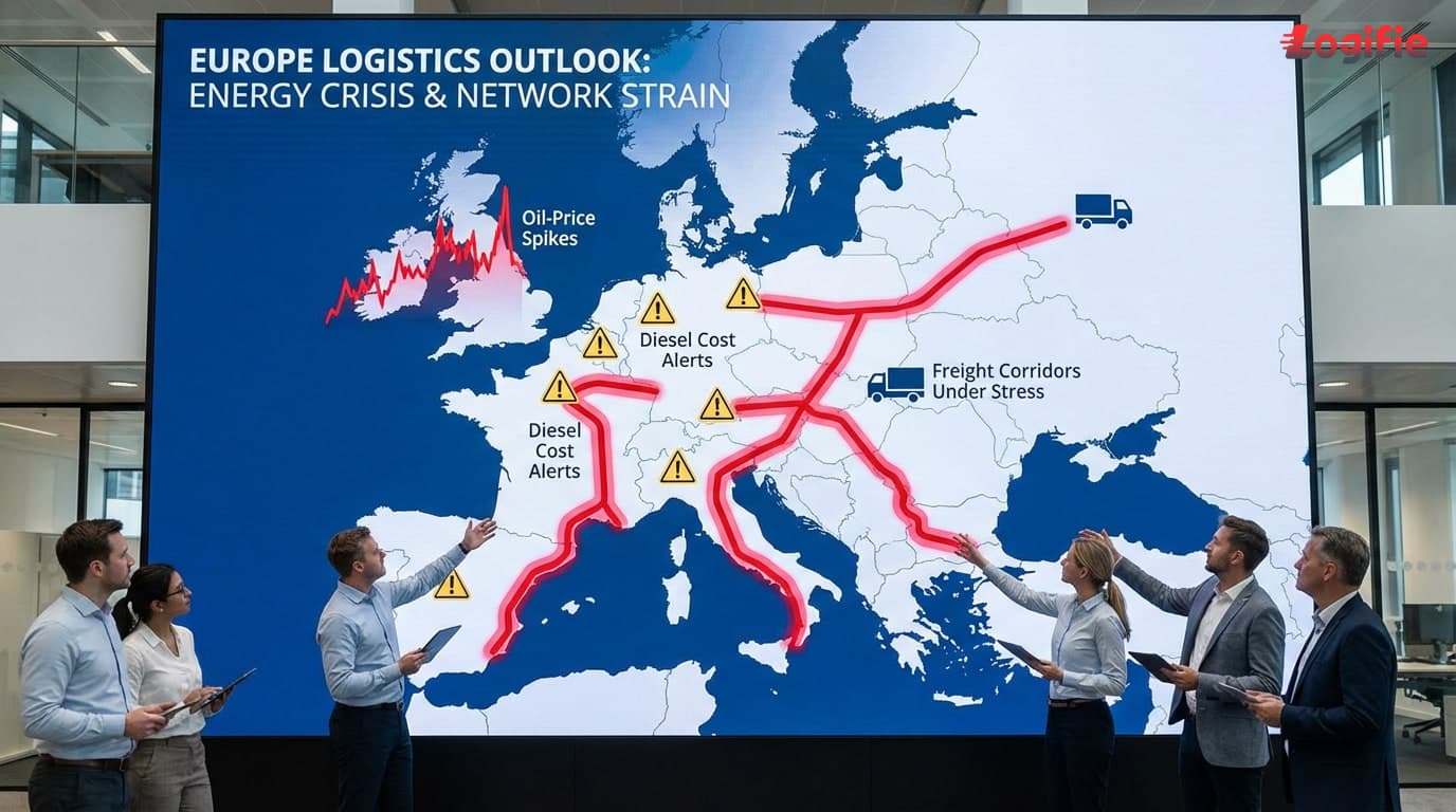 Editorial Europe logistics map with fuel-price overlays, lane-cost alerts and an oil-market shock theme.