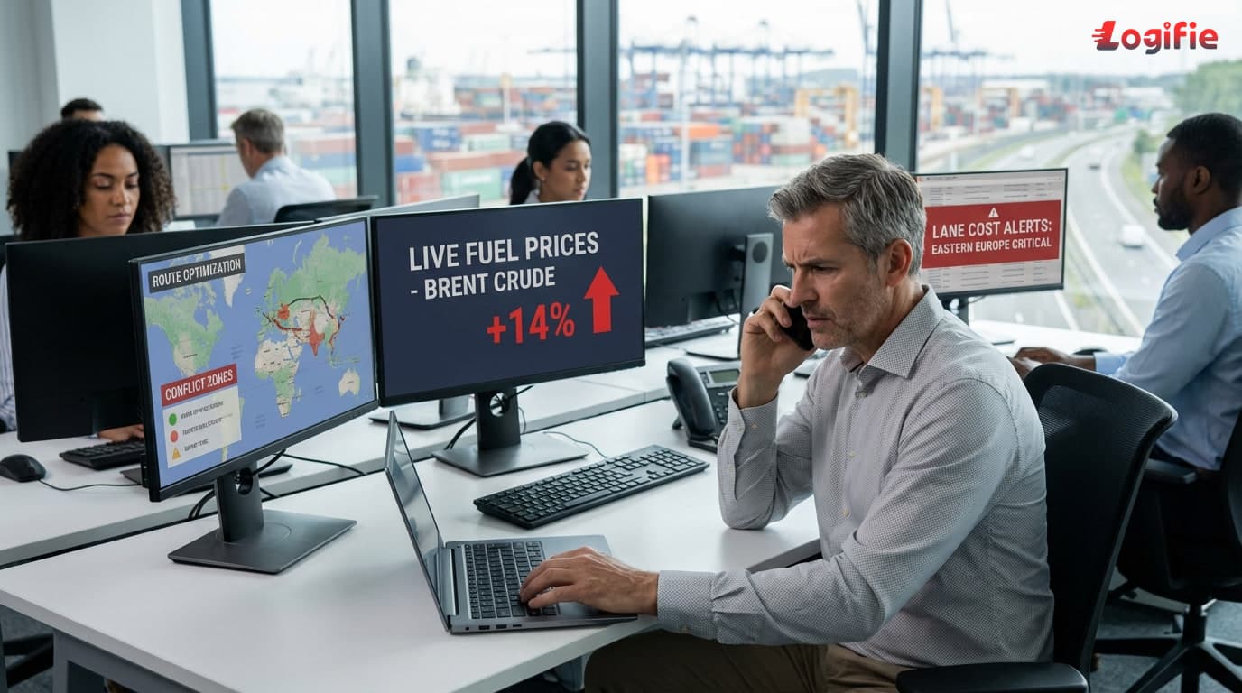 European logistics manager using live fuel dashboards and route-planning screens during a diesel-cost spike.
