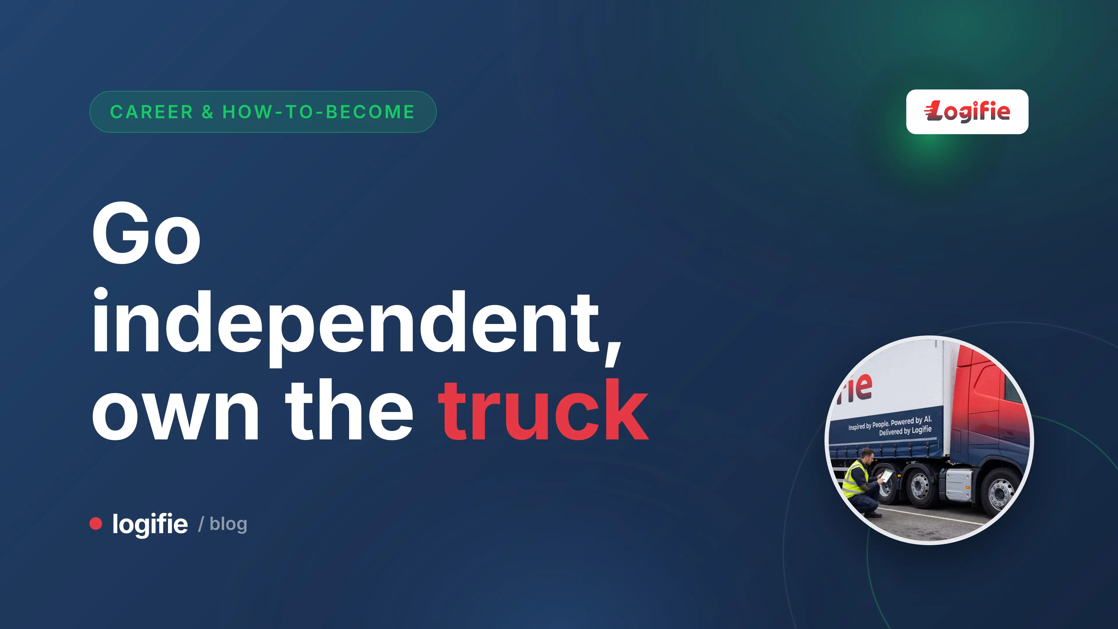 A lone articulated truck at a European motorway rest area facing a symbolic fork in the road, one path leading to a large carrier depot and the other to a small single-truck yard, calm editorial illustration style, no text overlays or logos.