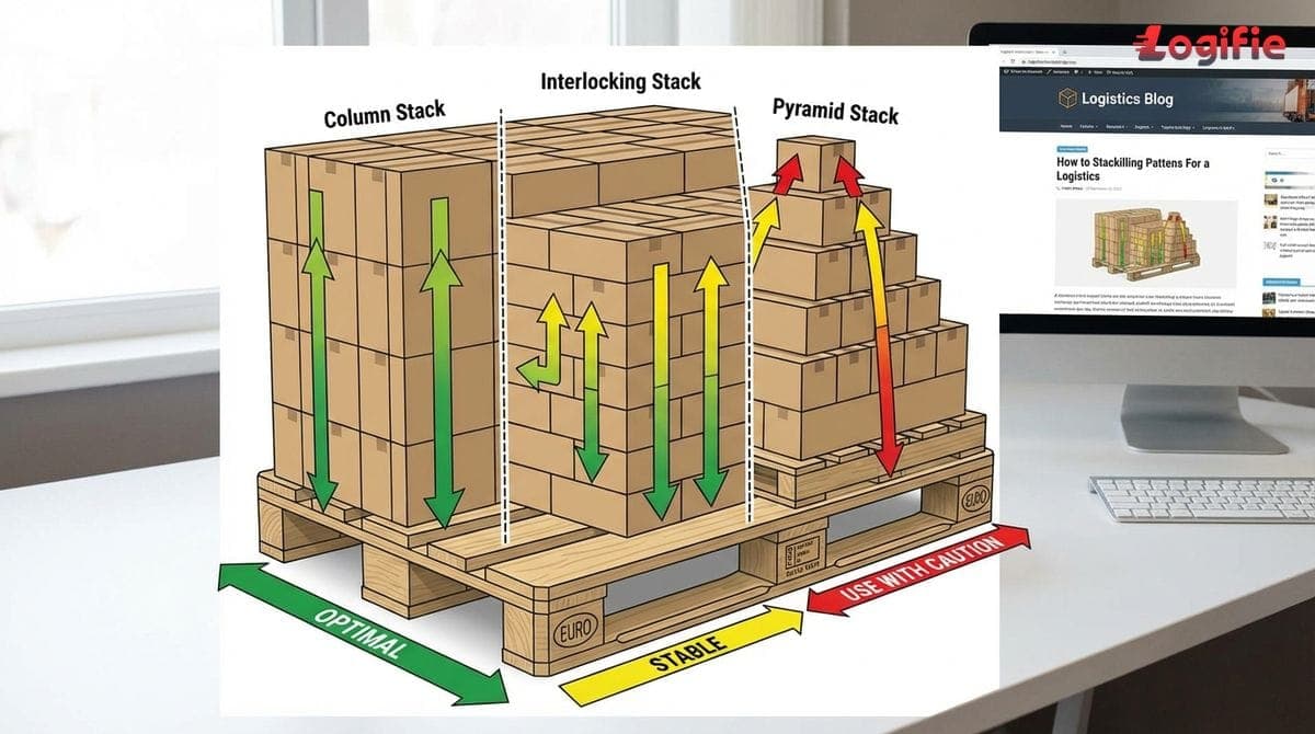 Cutaway diagram of a Euro pallet showing recommended stacking patterns and weight distribution