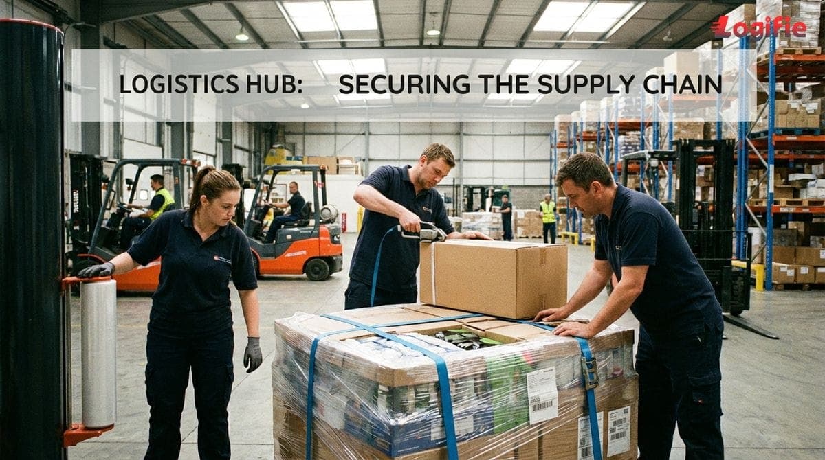 Warehouse workers wrap and strap a pallet to secure mixed cargo before transport