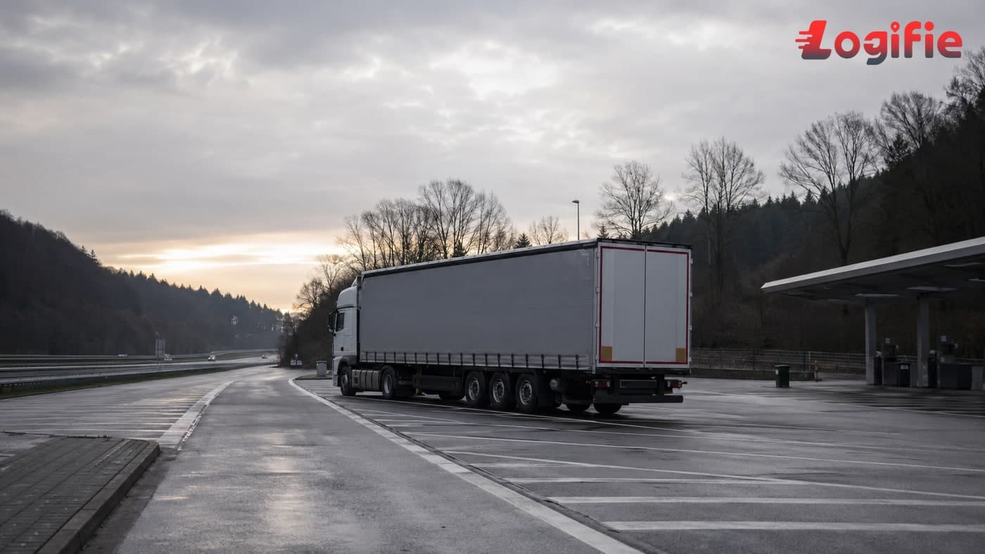 Leerer europäischer Autobahnrastplatz bei Sonnenaufgang vor Beginn des Pfingsten-Fahrverbotsfensters am 23. Mai 2026.
