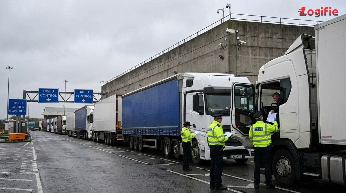 Photo of trucks queuing at the UK-EU border control post with customs officers inspecting documentation, cloudy weather.
