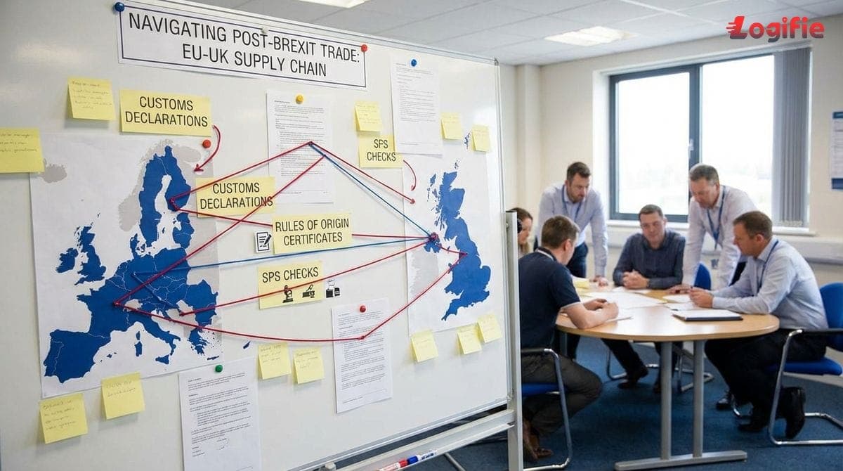 Illustration of a supply chain diagram showing customs declarations, rules of origin certificates, and SPS checks between the EU and UK.
