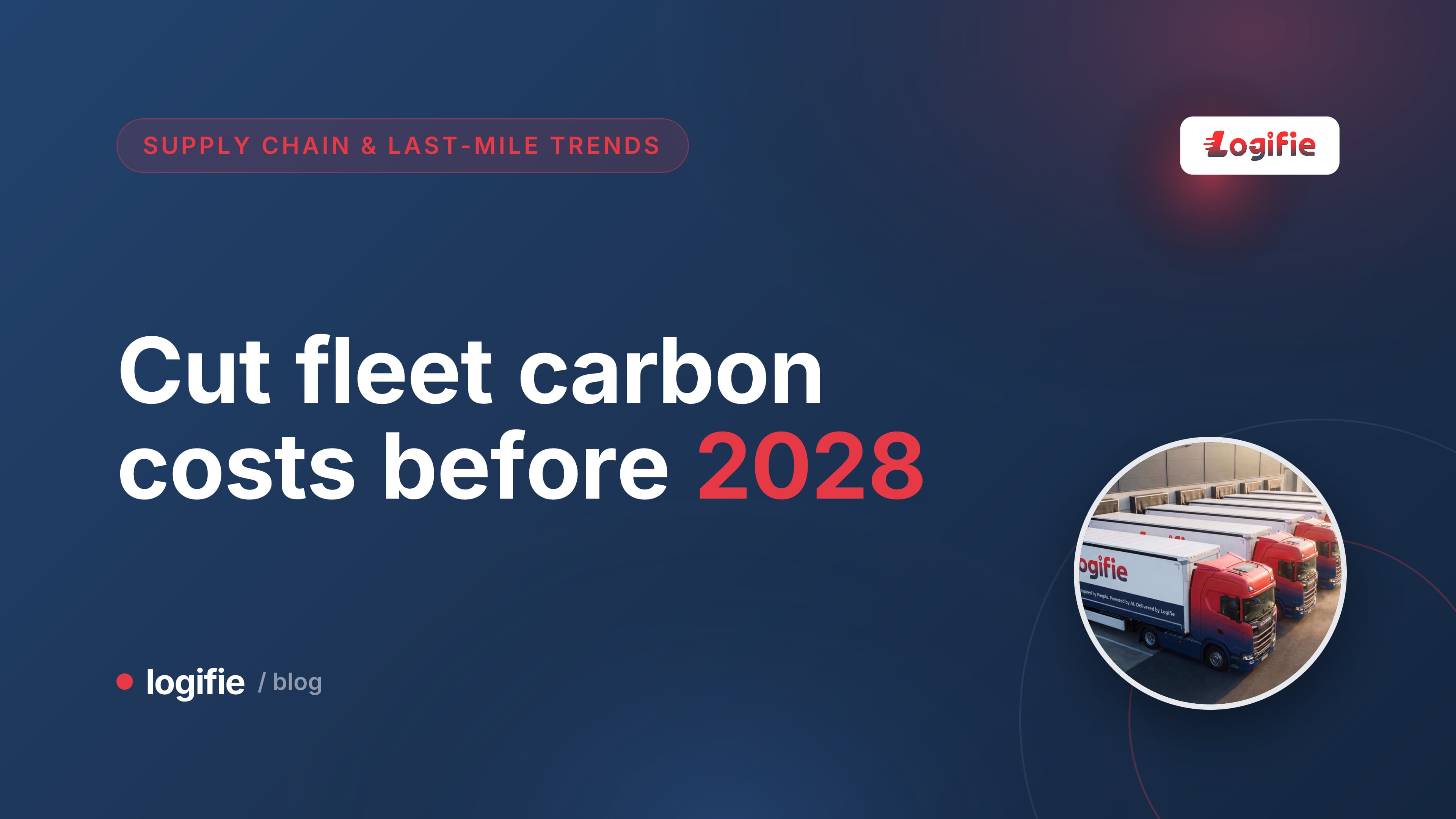 Editorial illustration of a European articulated HGV on a motorway with overlays of a route line, a fuel drop, and a leaf, symbolizing road freight decarbonization levers, in a calm muted green and slate palette.