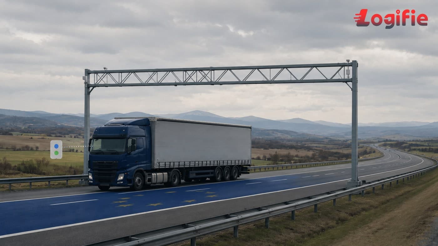 Redaktionelle Illustration eines stilisierten Fernverkehrs-Lkw auf einer rumänischen Autobahn mit einem On-Board-Unit-Tag und einem Kilometerzähler, der den Wechsel zur streckenbezogenen Maut signalisiert