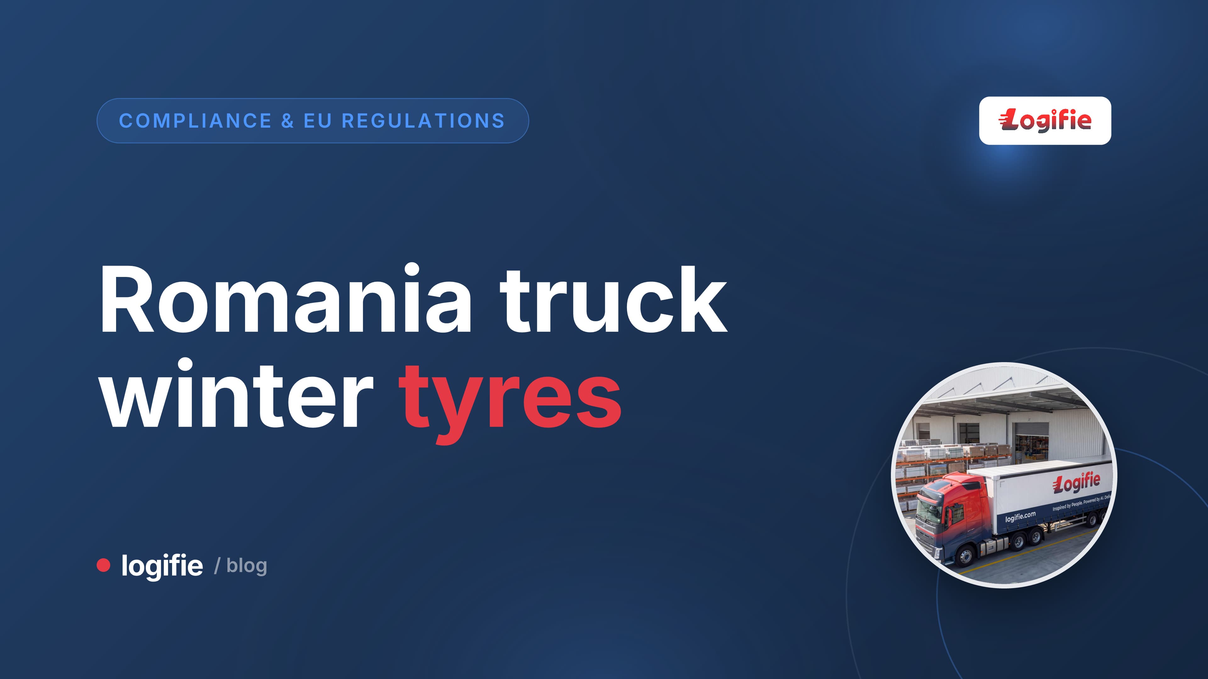 HGV drive-axle winter tyre with snow chains on a snowy Romanian road, illustrating Romania truck winter tyres rules