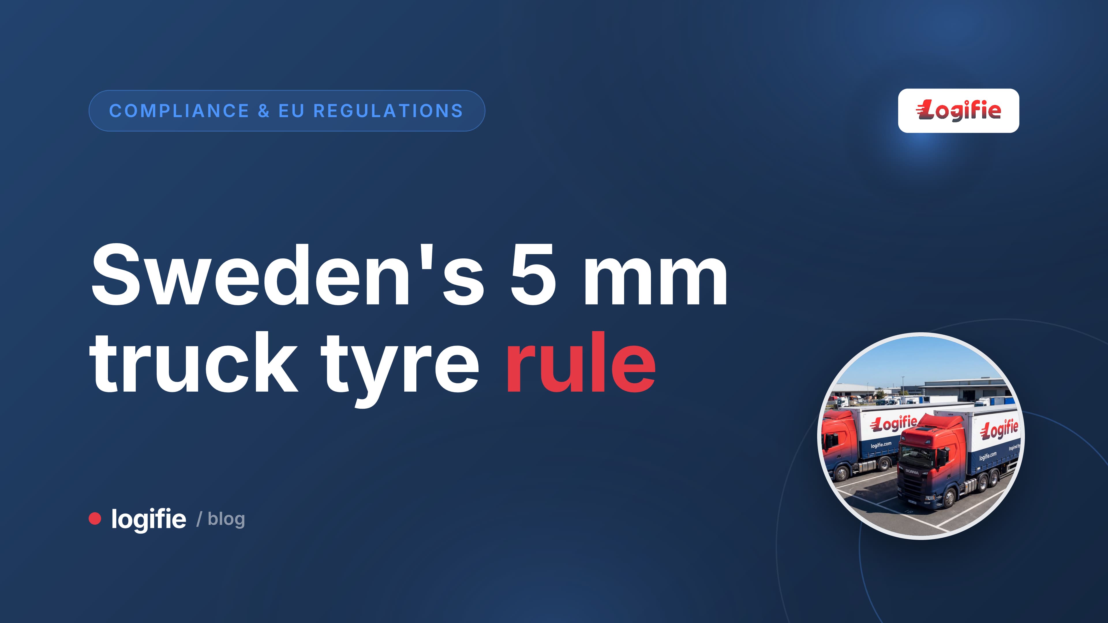 Truck drive axle tyre with alpine snowflake marking and tread depth gauge reading 5 mm, showing Sweden winter tyre rules for HGVs