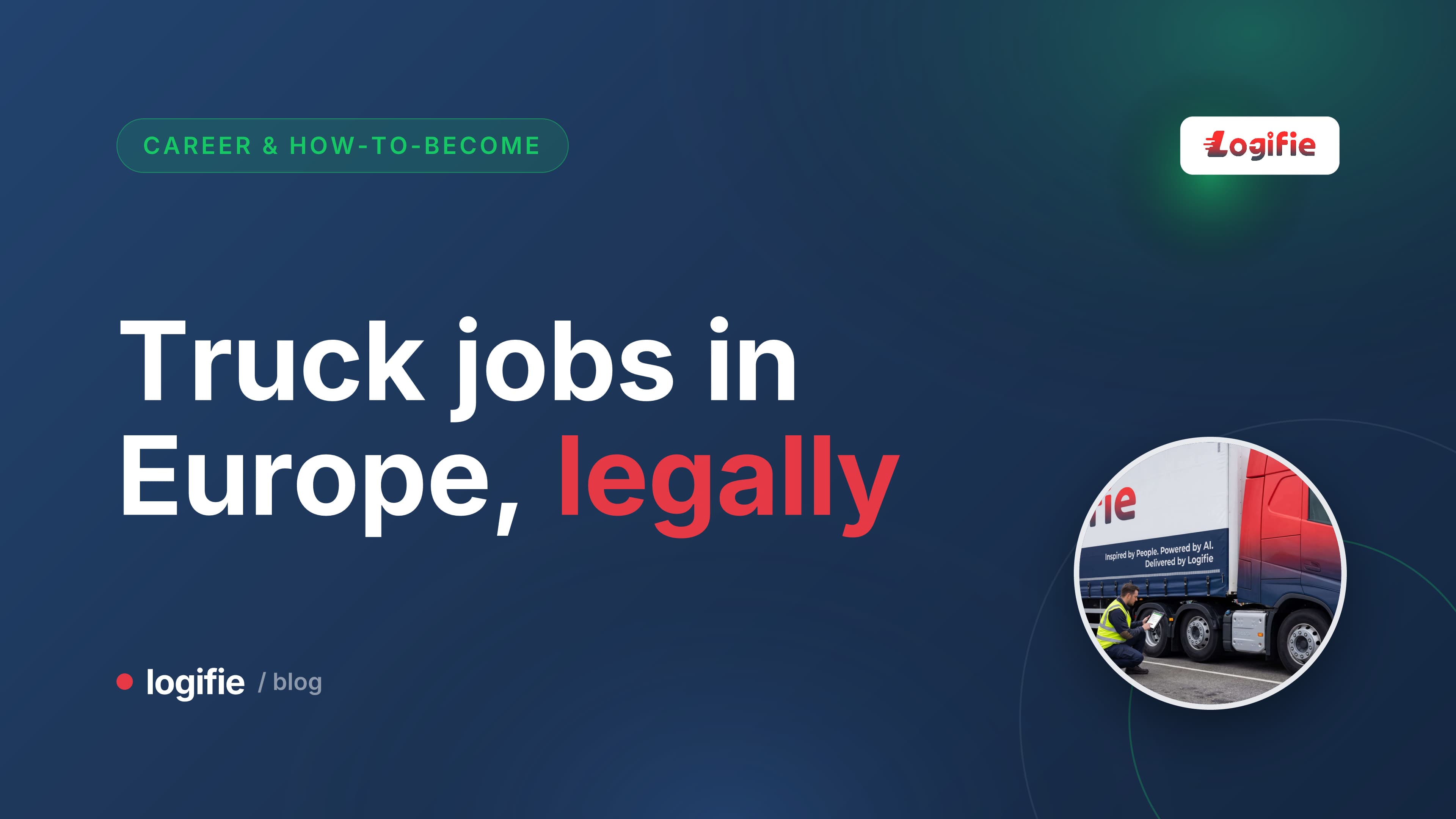 Editorial illustration of a non-EU truck driver's route from a job offer to a European cab, with licence and visa documents as a visual motif.