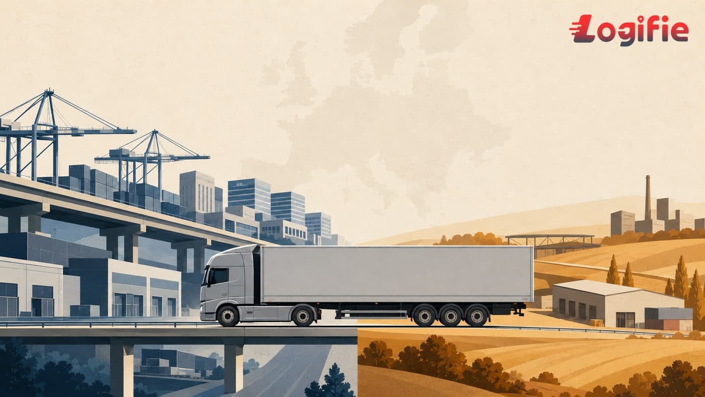 A split-frame editorial illustration of European wage scales with a semi-trailer silhouette bridging Western and Eastern EU pay levels