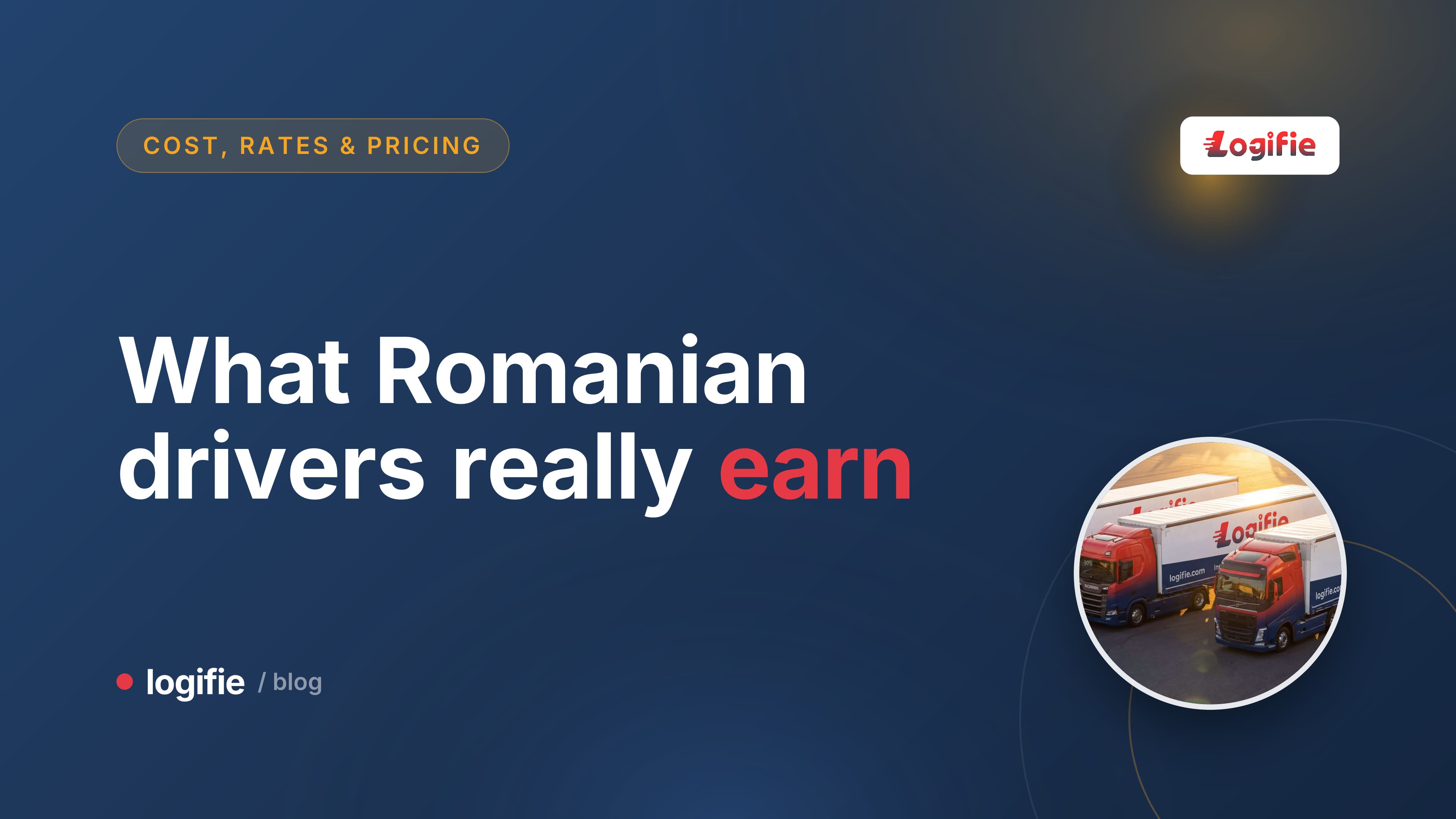 Editorial illustration of a Romanian truck driver splitting a payslip into a thin salary stack and a tall diurna stack, with a truck and a map of Europe behind