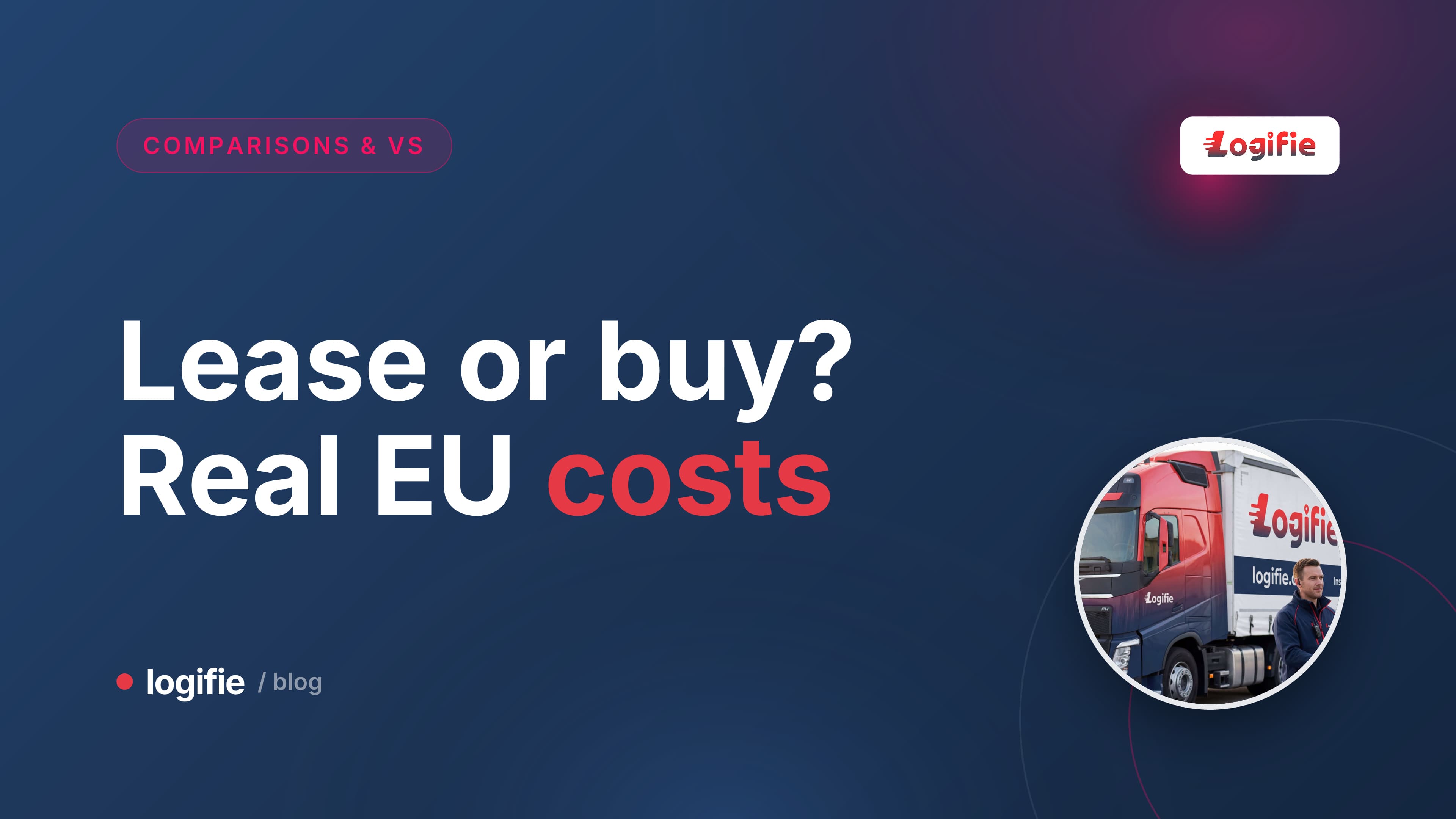 Editorial illustration of a European articulated truck rendered as two halves of a balance scale, one side weighted with monthly instalment coins and the other with an ownership title document, set against a stylised map of EU motorway corridors