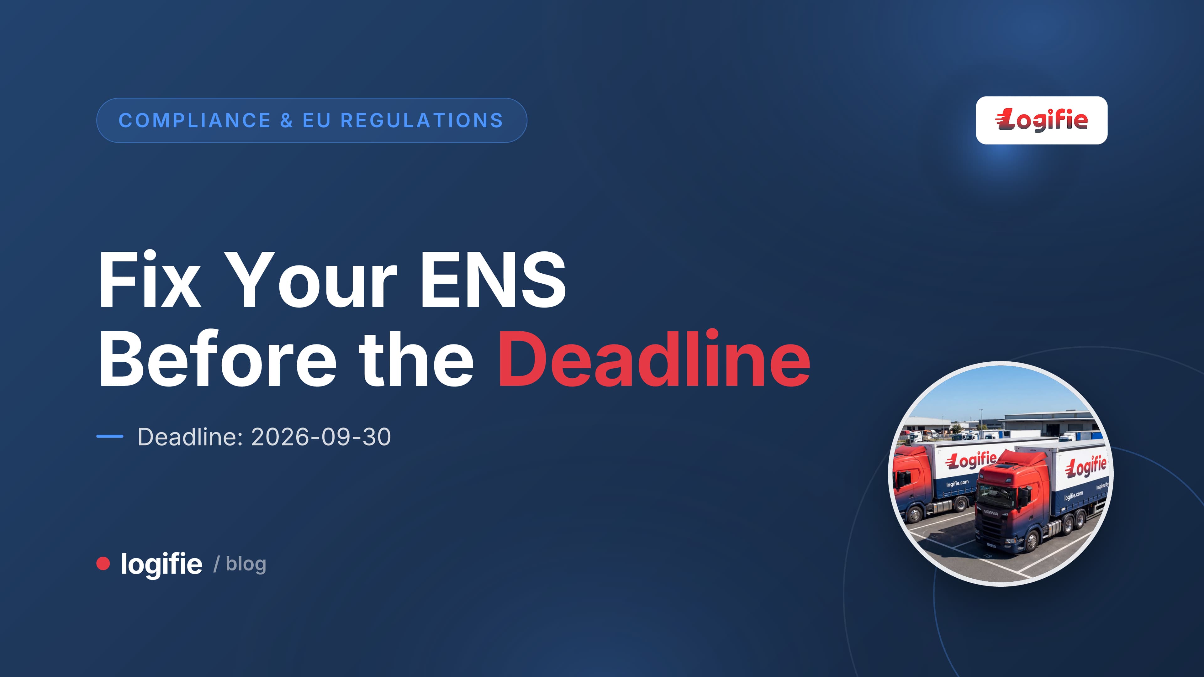 Editorial illustration of a tractor unit and semi-trailer waiting at a ferry ramp beneath two blank data cards symbolising missing ENS declaration details