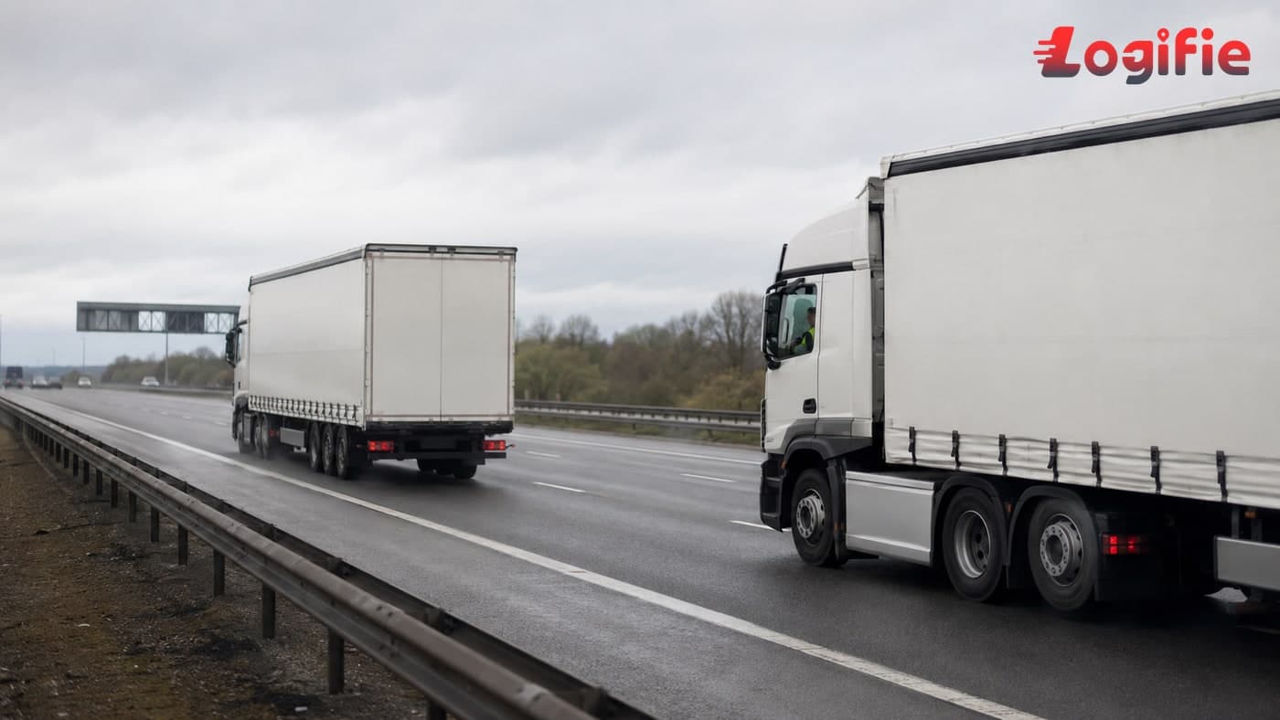 Dokumentarfoto von zwei Sattelzügen auf einer britischen Autobahn in Ostengland — das überholende Fahrzeug ist ein unmarkierter LKW, der von der Polizei für Beobachtungen in Höhe der Fahrerkabine im Rahmen der Patrouillen in unmarkierten Fahrzeugen im Mai 2026 eingesetzt wird